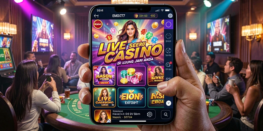 Screenshot utama EMON777 menampilkan dealer langsung di meja permainan Live Casino.