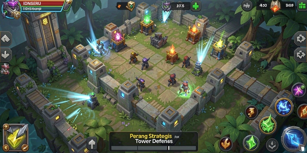Tampilan screenshot gameplay Tower Defense di IDNSERU yang mendebarkan.