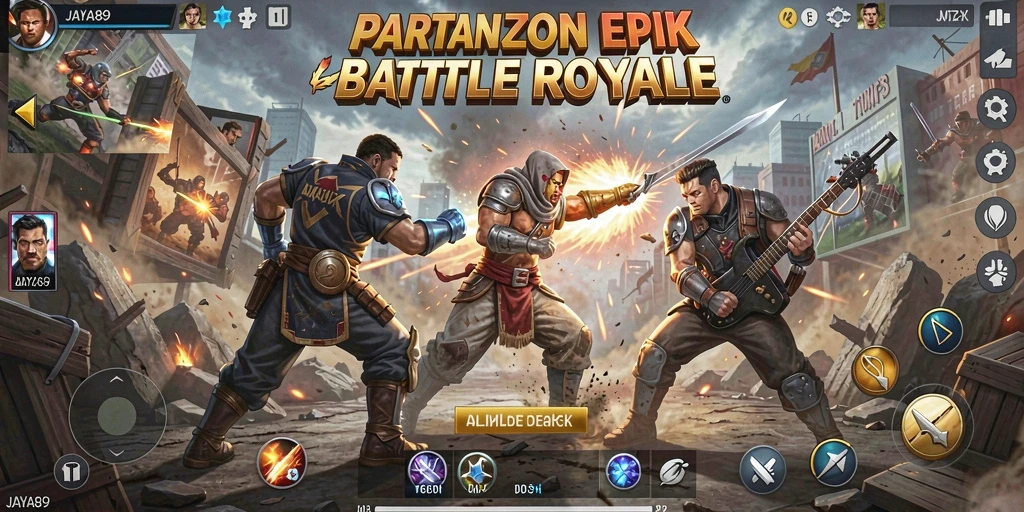 Screenshot utama JAYA89 menampilkan aksi pertarungan Battle Royale yang intens.