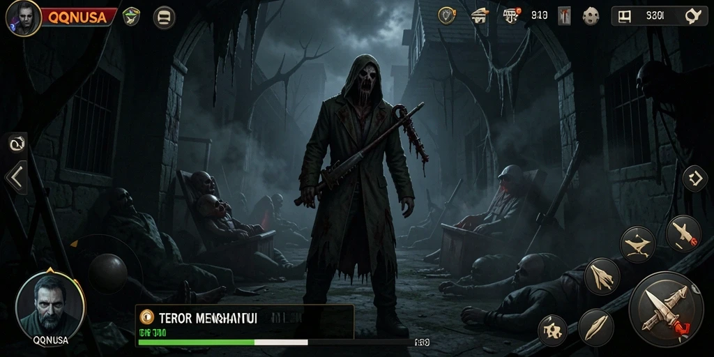 Screenshot gameplay QQNUSA menampilkan momen menegangkan saat menghadapi makhluk horor.